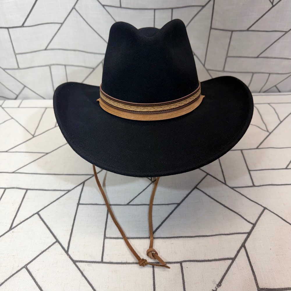 Cripple Creek Crusher Cowboy Hat Medium Black Wool Felt Western Chin Strap